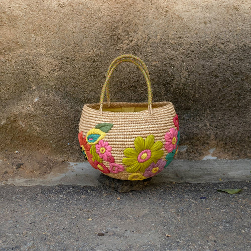 Floral hand embroidered basket